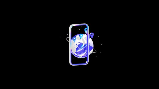 Smartphone frame surrounding a 3D globe with blue location pin markers illustrating global connectivity and digital roaming technology on a black background