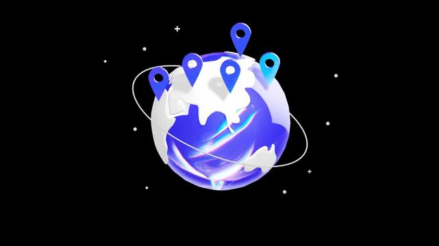 Floating 3D world globe with multiple blue location pins and a digital orbital ring illustrating a globalized economy and international business networks