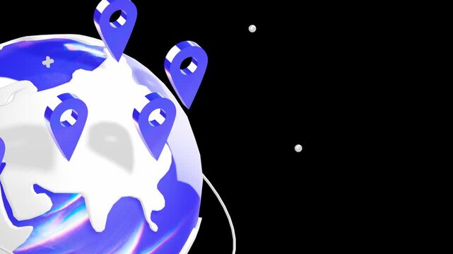Globe 3d render with blue location pin markers on a white and purple stylized map over a dark black background for global logistics and navigation concepts