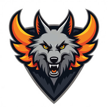 angry wolf head logo with orange flames