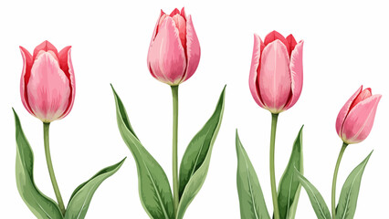 Obraz premium Collection of delicate watercolor style pink blooming tulip flowers with green leaves for beautiful spring nature design and romantic greeting cards.