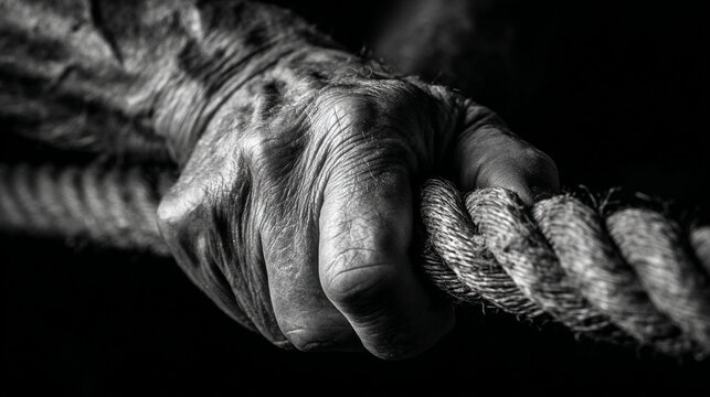A weathered hand grips a thick rope showing signs of age
