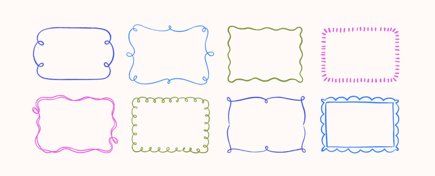 Line hand-drawn frame designs set. Cute scribble elements, border decorations in coquette naive doodle sketch style. Contour linear decor, modern horizontal backgrounds. Handdrawn vector illustrations