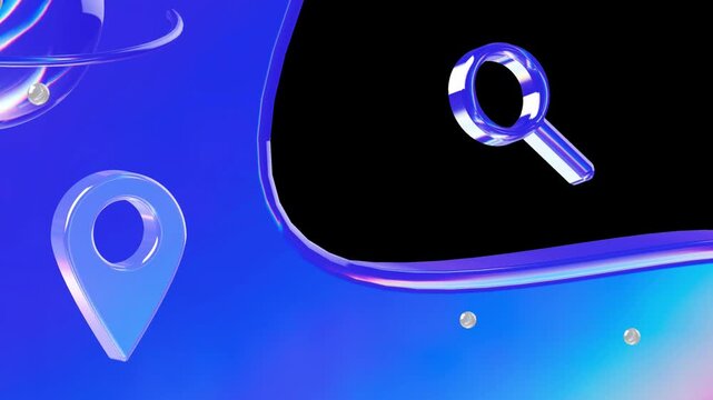 Search icon and location pin floating near a fluid blue organic form with a vibrant pink glow highlighting navigation and geospatial technology concepts