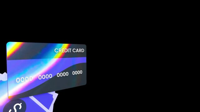Floating credit card with holographic rainbow texture and dollar bills against a black background for mobile banking and digital economy marketing
