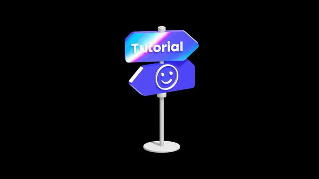 Close up of a 3D directional signpost showing tutorial and smiley face arrows with prismatic reflections for digital learning platforms