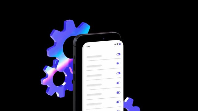 Perspective view of a smartphone displaying a clean settings menu with rotating 3D gear elements on a black background highlighting mobile system performance