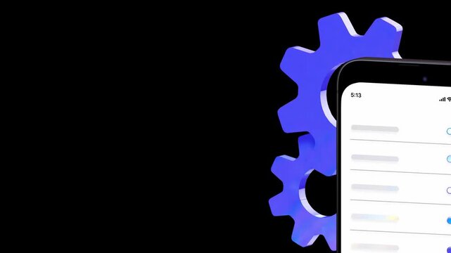 Macro detail of a 3D metallic gear and a smartphone screen with toggle switches symbolizing software updates and digital system calibration on a dark field