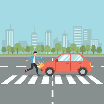 Car hitting pedestrian on crosswalk in city street, accident concept