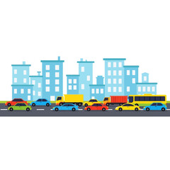 Fototapeta premium City Traffic Jam with Cars, Trucks, and Bus on Road, Blue Buildings Background