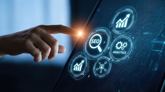 Hand touching digital interface with seo analytics marketing and data on blue background