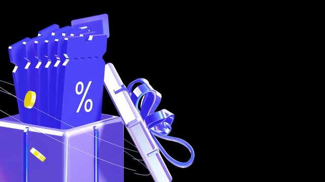 Blue 3D discount vouchers stacked inside a glowing gift box with a credit card icon and floating coins for festive retail marketing and online shopping rewards