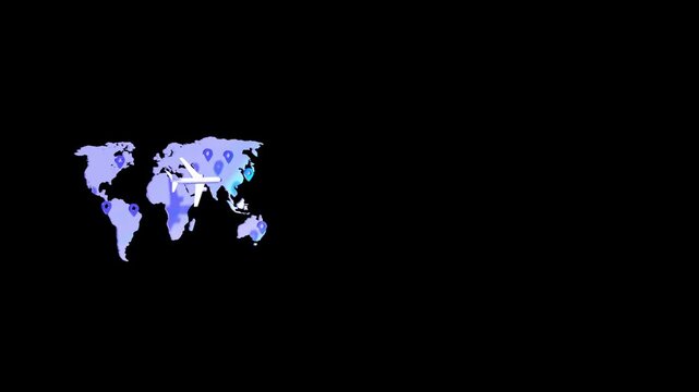 3D isometric world map with airplane and location pins positioned on the left side of a black background for copy space focusing on global connectivity and air transport