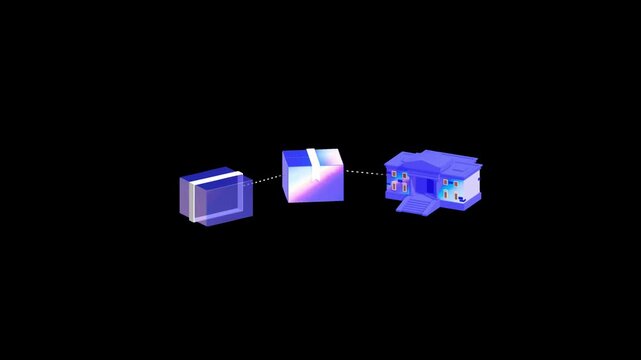 Sequence of 3D logistics icons showing a transparent parcel moving toward a bank building representing secure international payments and fintech commerce solutions