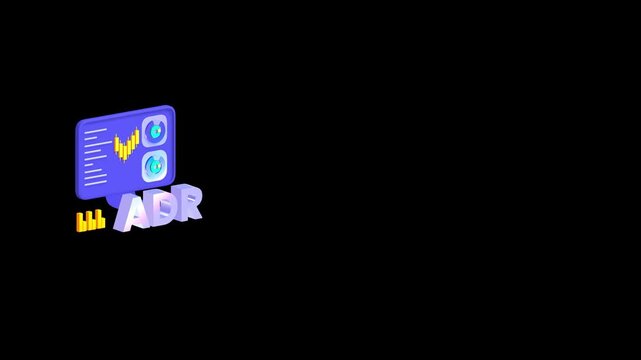Three dimensional ADR text and a digital trading screen featuring financial data visualizations and market trends
