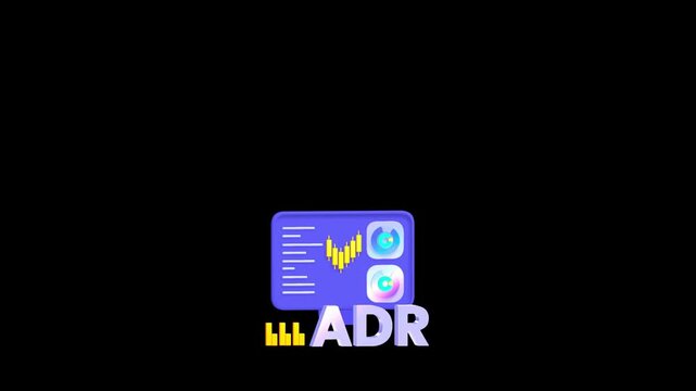 Miniature financial data monitor with ADR text and stock market indicators centered in a minimalist black space