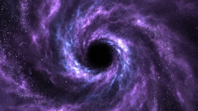 Abstract cosmic representation of a violet and blue swirling nebula vortex with a central black hole, featuring dense spiral arms of gas, dust, and glowing stars on black background.