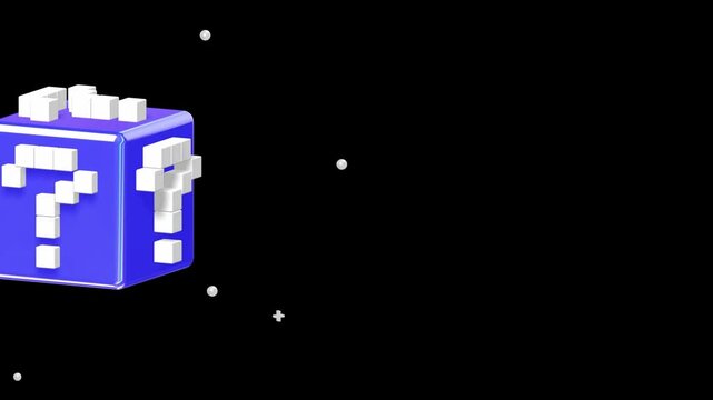 Mystery box icon with 3D question marks placed on the left edge of a black background for promotional banners and surprise reveal announcements