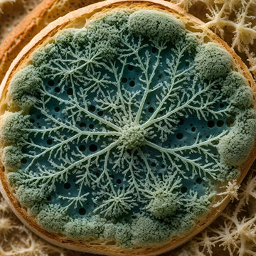 mold spores growing on bread surface, realistic view under microscope, with fuzzy hyphae and contrast in textures