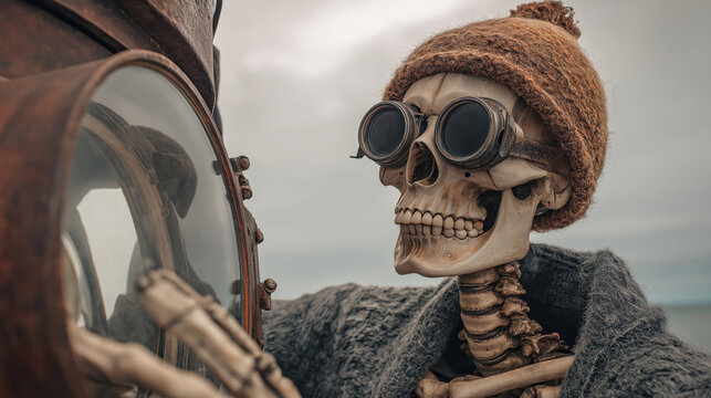 Skeleton lighthouse keeper goggles wool hat coat weathered nautical surreal skeleton lighthouse keeper wearing wool hat and goggles steering weathered lantern in coastal foggy atmosphere