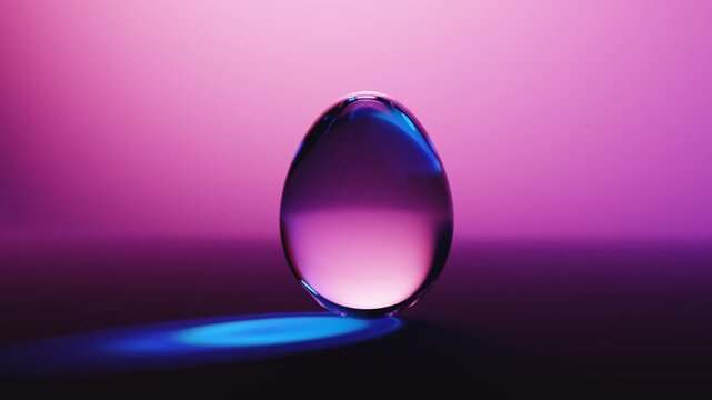Transparent glass egg shape over a purple and pink futuristic background. Seamless loop.