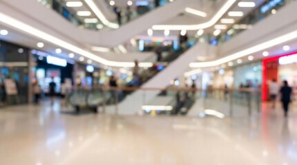 Fototapeta premium Blurred Background of Modern Shopping Mall Interior with People on Escalators