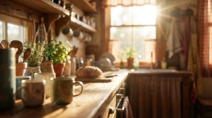 Fototapeta premium Cozy Kitchen with Plants Sunlight Home Interior 