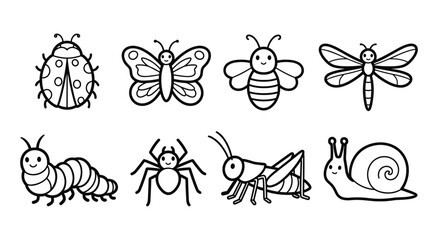 Hand-Drawn Insect and Bug Icon Set — Outline Illustrations of Ladybug, Butterfly, Bee, Dragonfly, Caterpillar, Spider, Grasshopper, and Snail © selena