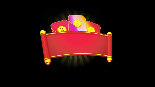 Red Chinese scroll banner with golden rollers floating under a warm sunburst glow for festive announcements and holiday greetings