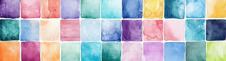 Fototapeta premium An elongated banner composed of many small, colorful watercolor squares arranged in a continuous diverse spectrum