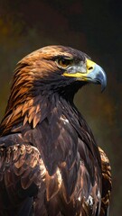 Fototapeta premium A close-up portrait of a bird of prey with dark brown feathers and a sharp beak