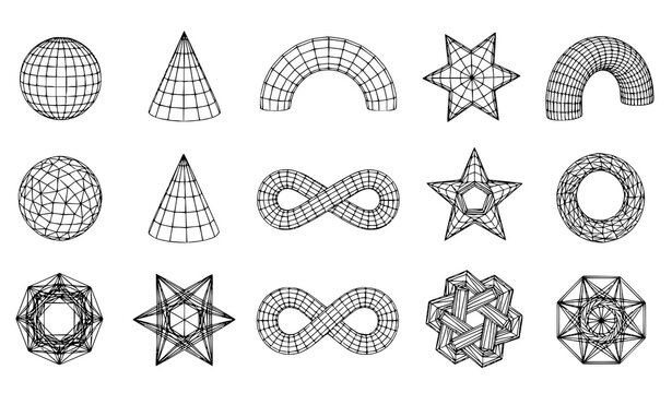 Wireframe 3D geometric shapes set with mesh grid sphere cone chain infinity knot abstract vector