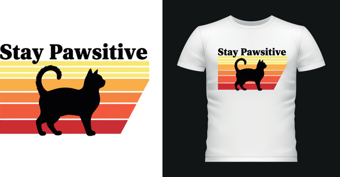 Black cat silhouette stay pawsitive retro sunset graphic vector art.