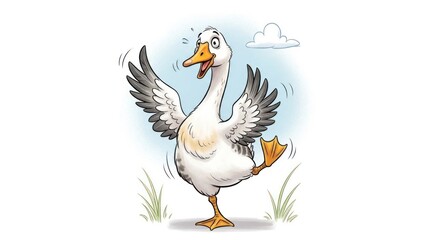 Fototapeta premium Cartoon goose dancing happily on white background with copy space