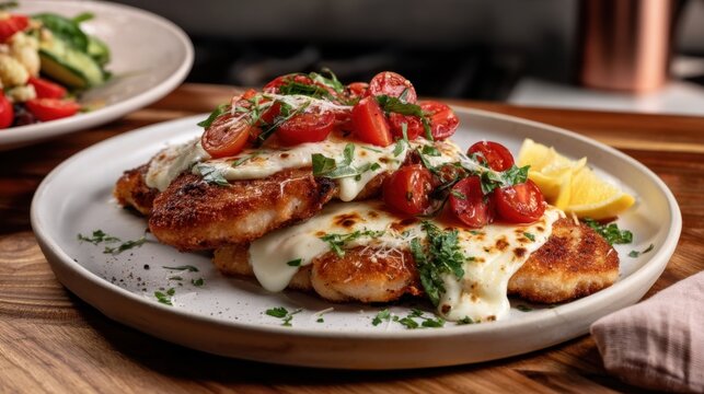 Stacked chicken parmesan with creamy melted cheese and cherry tomato topping served with lemon wedges for restaurant menu or food editorial background