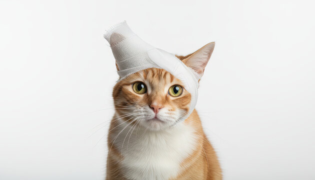 Orange cat with bandage on head looking at camera indoors  
