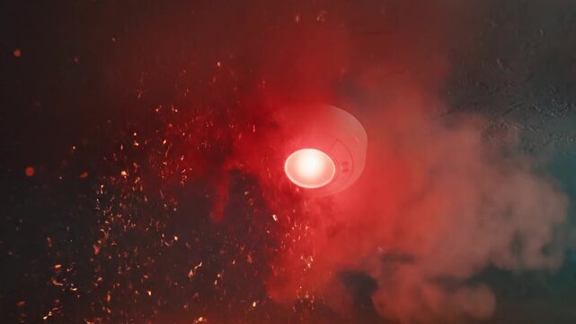 Smoke detector on a textured ceiling detecting fire and smoke in an emergency situation