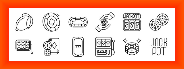 Naklejka premium Casino jackpot set icon. Money bag, poker chips, casino token, hand coin, jackpot machine, chip stack, slot machine, playing cards, dice cubes, smartphone slot, gaming device, jackpot text