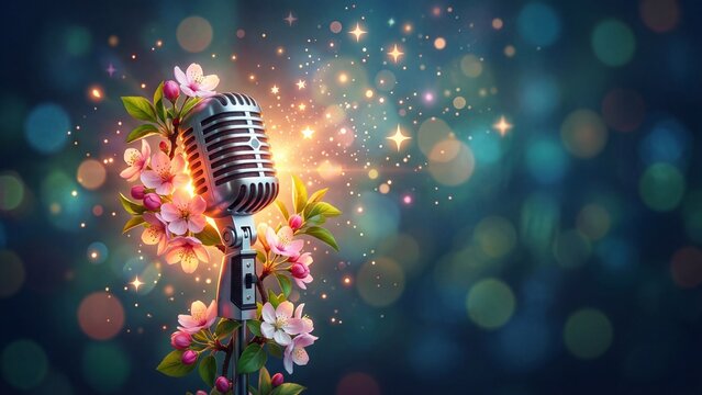Microphone wrapped in pink cherry blossoms with sparkling lights. Floral music and spring performance concept. Artistic illustration for singing inspiration and blooming celebration