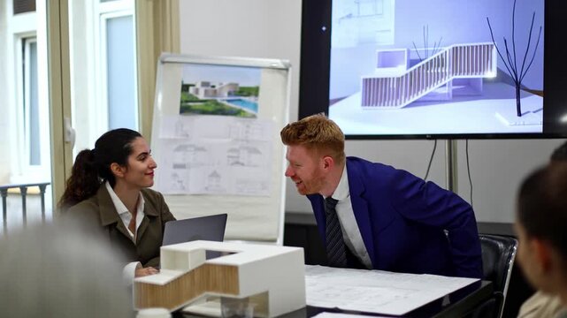 Architect presenting new project shakes hands with client