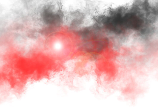 Artistic red and black smoke cloud explosion with a central bright light flare and mist texture