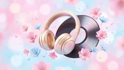 Fototapeta premium Golden headphones and vinyl record surrounded by floating pink flowers. Music listening concept with spring blossom atmosphere. Digital 3d illustration for audio technology and relaxation