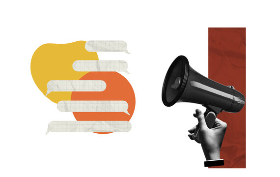 Conceptual art of a hand holding a megaphone with blank speech bubbles on abstract geometric background. Communication, marketing, and public relations concept.