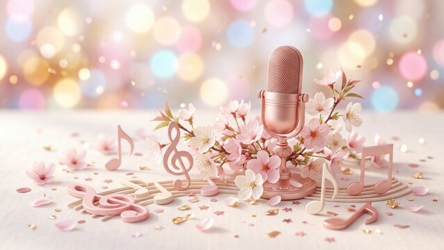 Elegant pink microphone surrounded by blooming cherry blossoms and scattered musical notes on soft white surface with golden sparkles. Artistic spring music concept for floral singing performances