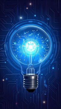 A glowing blue light bulb on a dark circuit board background