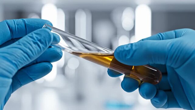 Hands in blue gloves hold a test tube containing a yellow liquid, showcasing a close-up view of the sample in a laboratory setting with blurred background elements