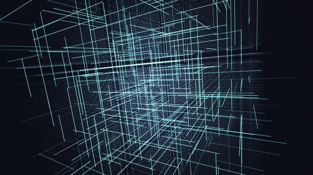 Dense 3D logic gate network fires hyper-velocity cyan data pulses across strict orthogonal pathways. This cryptographic lattice visualizes binary validation, perfect for cybersecurity explainer videos