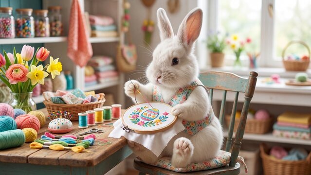 White rabbit embroidering easter egg design on fabric. Adorable bunny sitting at table in cozy craft room with yarn threads flowers and baskets. Spring easter holiday crafting concept for handmade