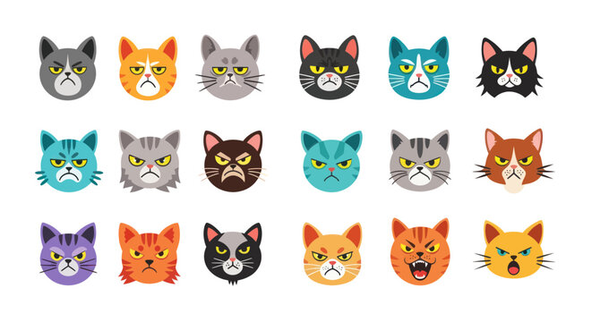 Collection of Grumpy Cat Faces, Cartoon Style, Expressing Negative Emotions