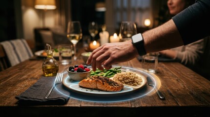 Fototapeta premium A smartwatch-wearing hand reaches toward an AI-guided dining table with glowing portion highlights on grilled fish, brown rice, greens, berries, and olive oil.